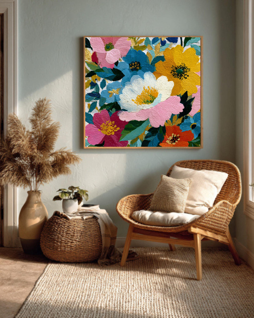 Colorful Floral Canvas Wall Art: Modern Botanical Painting Print