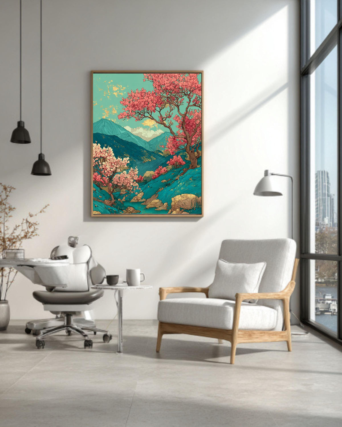 Japanese Landscape Canvas Print: Cherry Blossom & Green Mountain Art