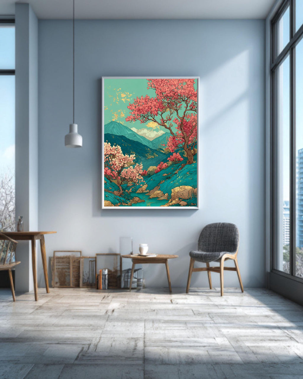 Japanese Landscape Canvas Print: Cherry Blossom & Green Mountain Art