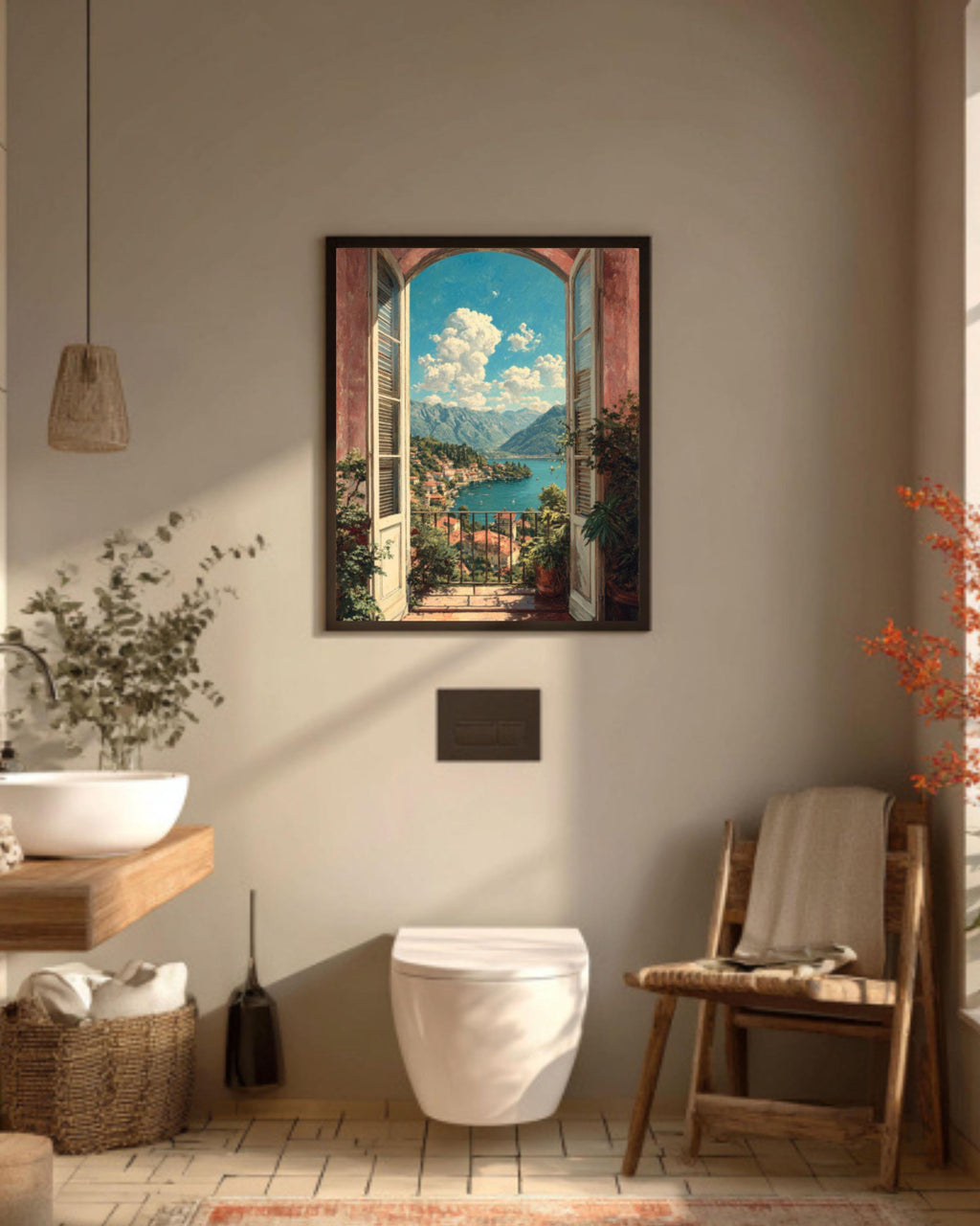 Italian Balcony Canvas Print: Mediterranean Lake View Wall Art