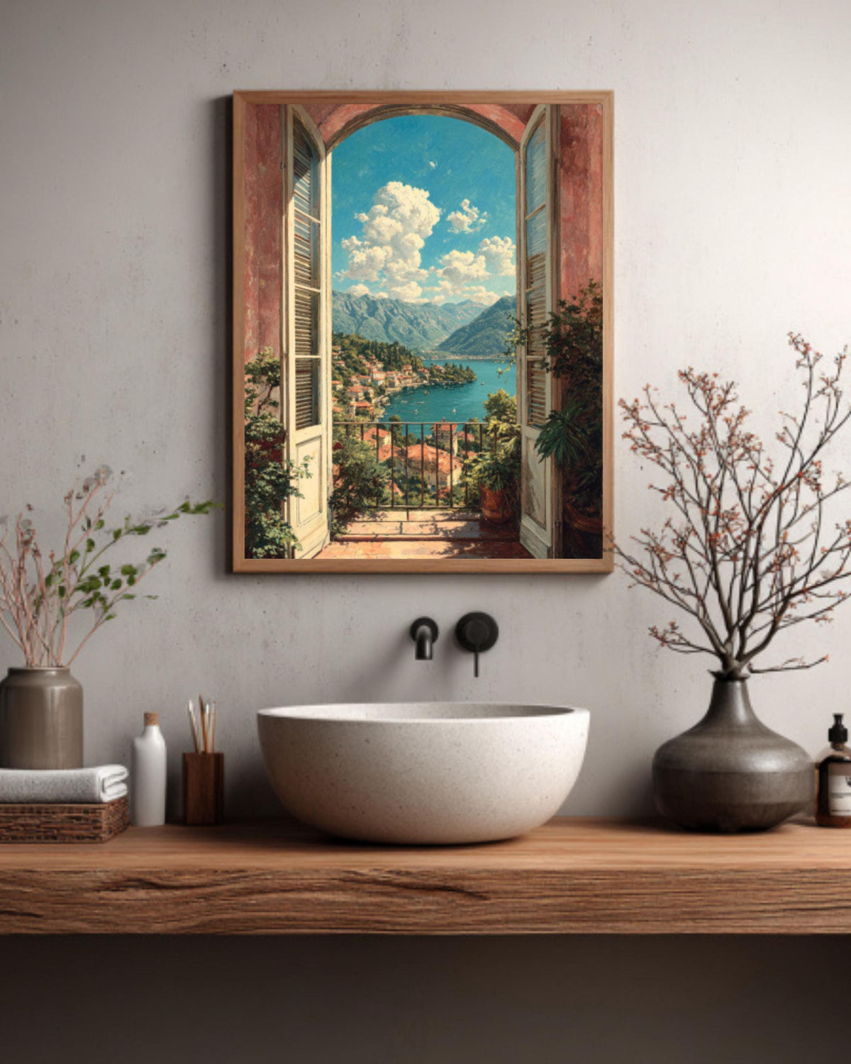 Italian Balcony Canvas Print: Mediterranean Lake View Wall Art