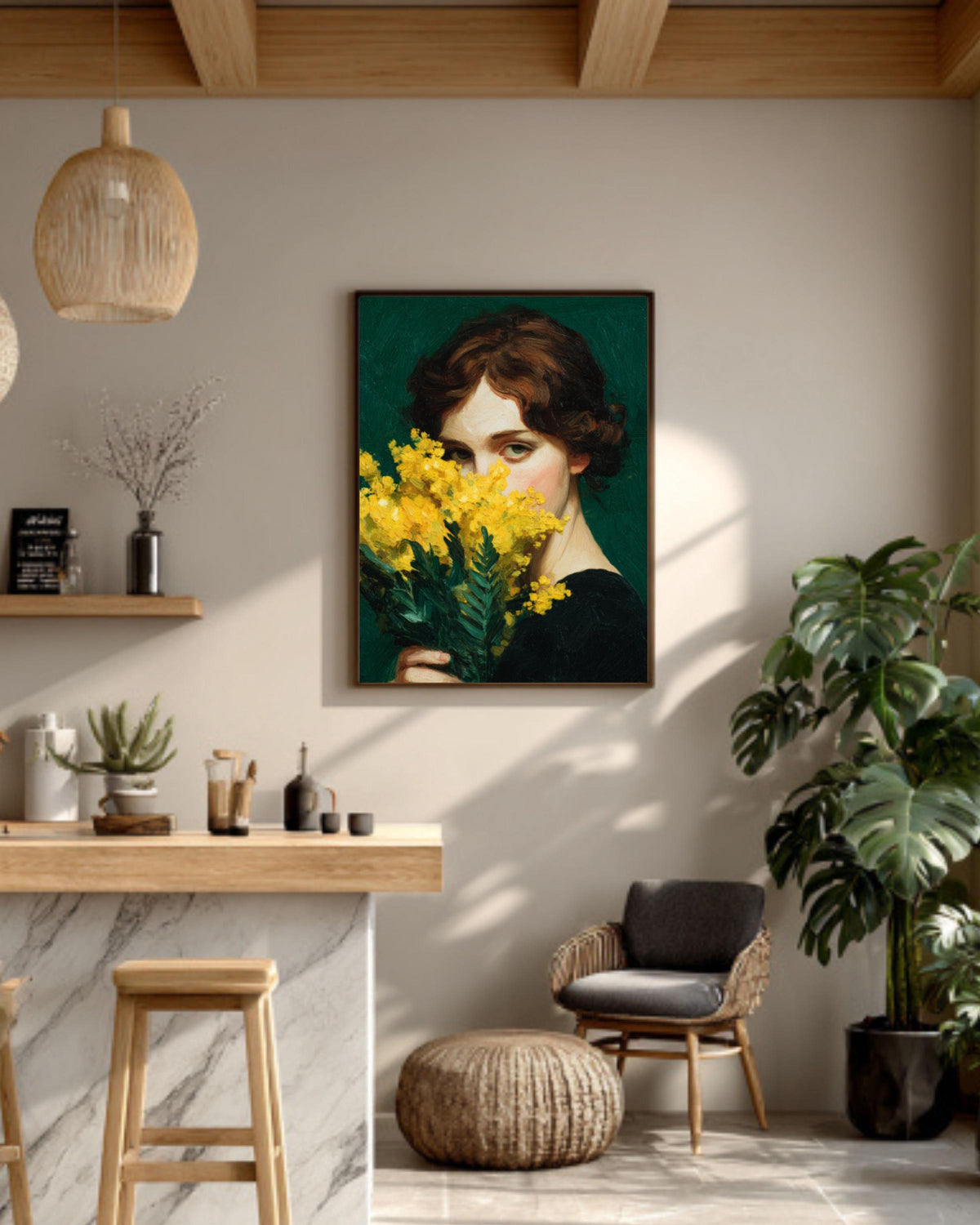Emerald Green Woman Canvas Print: Japandi Mimosa Botanical Art