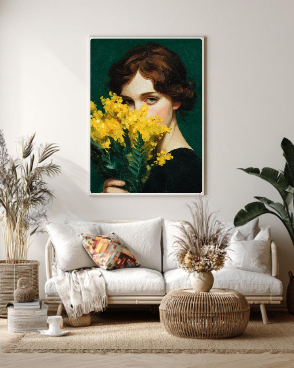 Emerald Green Woman Canvas Print: Japandi Mimosa Botanical Art