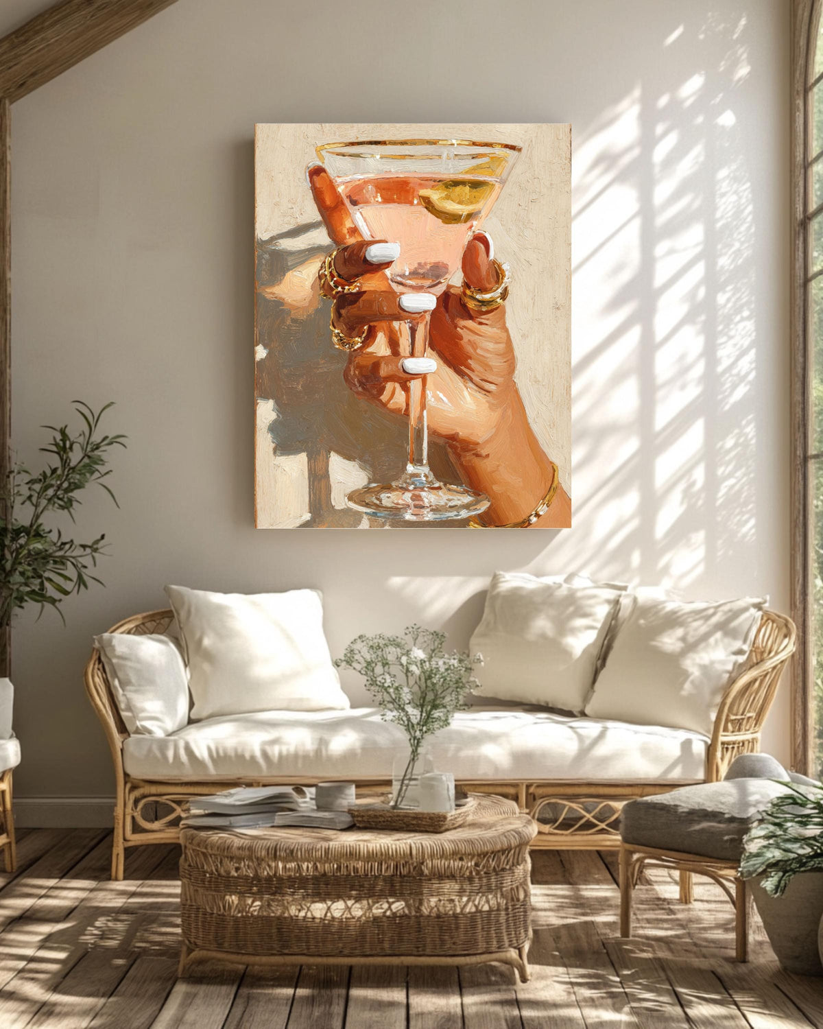 Cocktail Glass Hand Canvas Print: Modern Glam Bar Decor