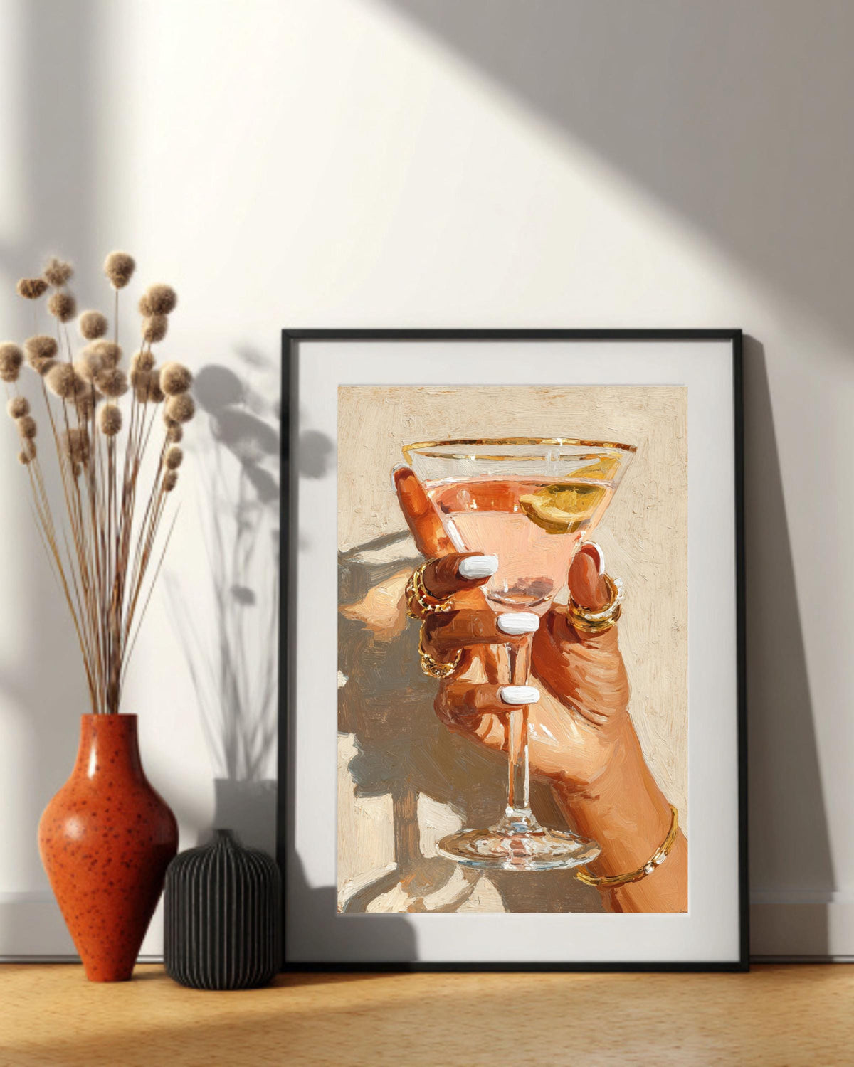 Cocktail Glass Hand Canvas Print: Modern Glam Bar Decor