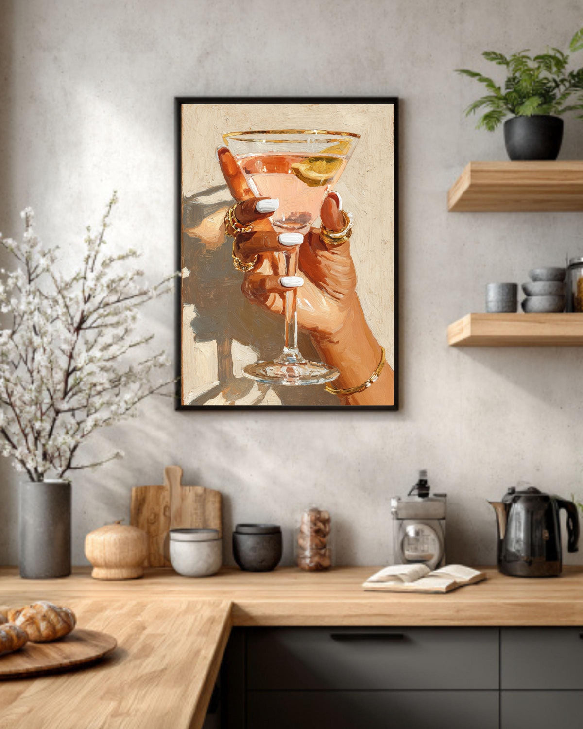 Cocktail Glass Hand Canvas Print: Modern Glam Bar Decor