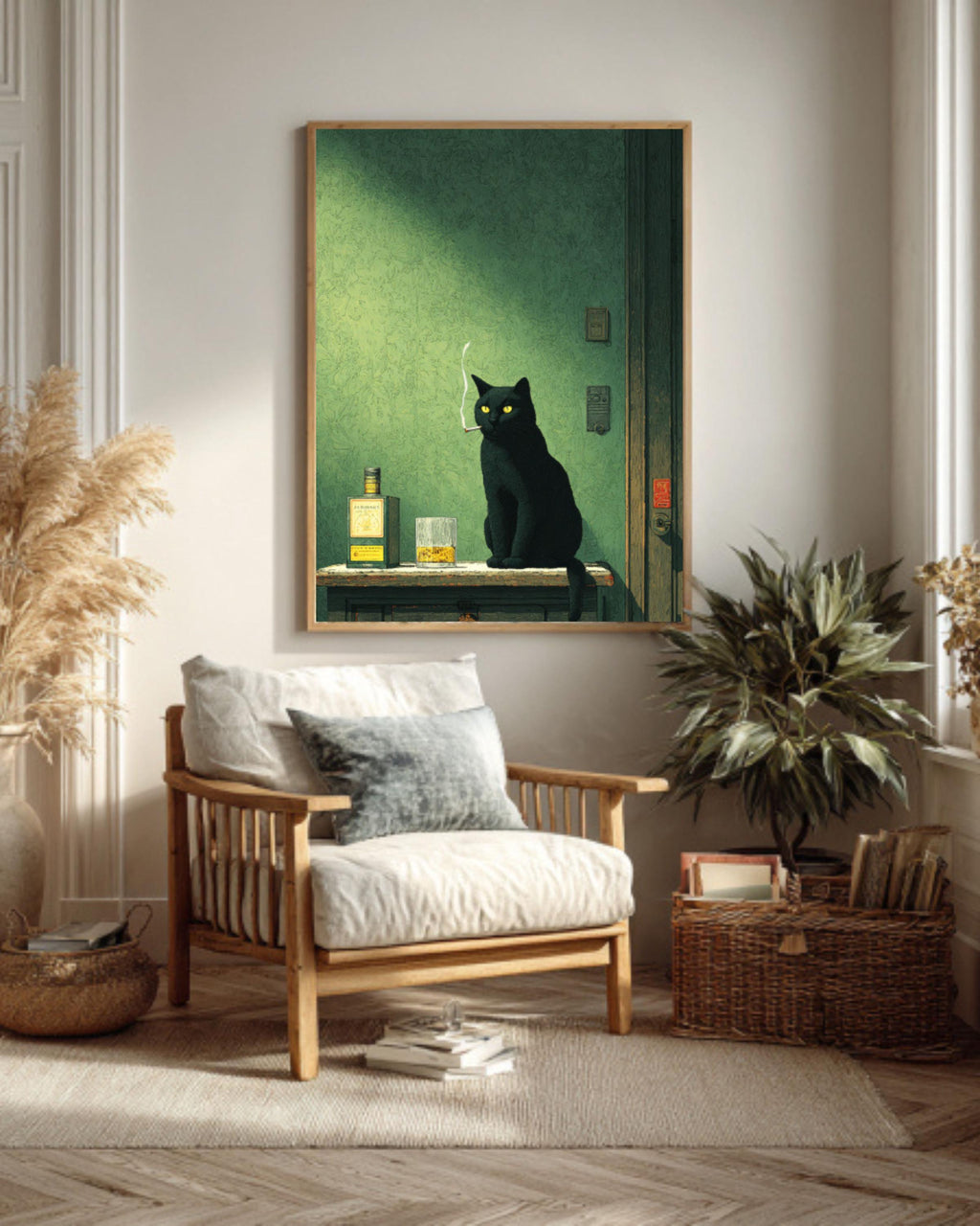 Moody Black Cat Smoking Whiskey Canvas Print, Gothic Bar Art