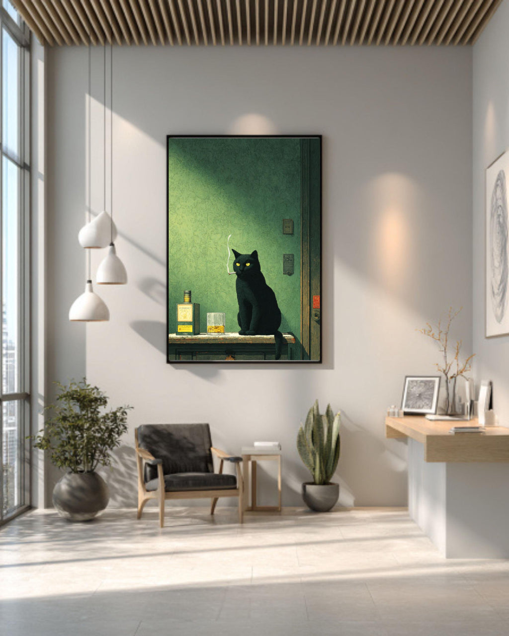 Moody Black Cat Smoking Whiskey Canvas Print, Gothic Bar Art