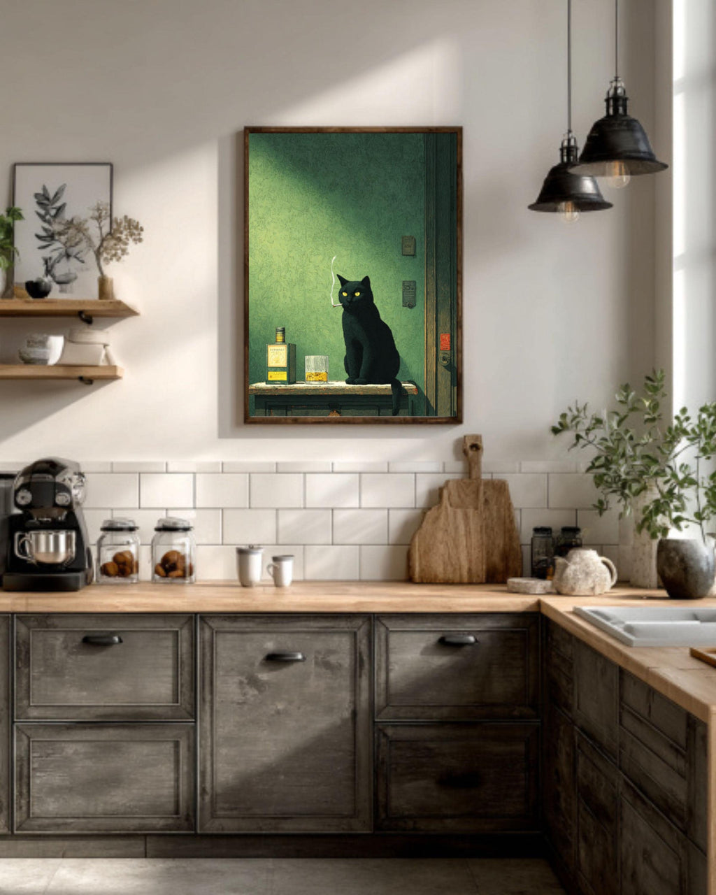 Moody Black Cat Smoking Whiskey Canvas Print, Gothic Bar Art