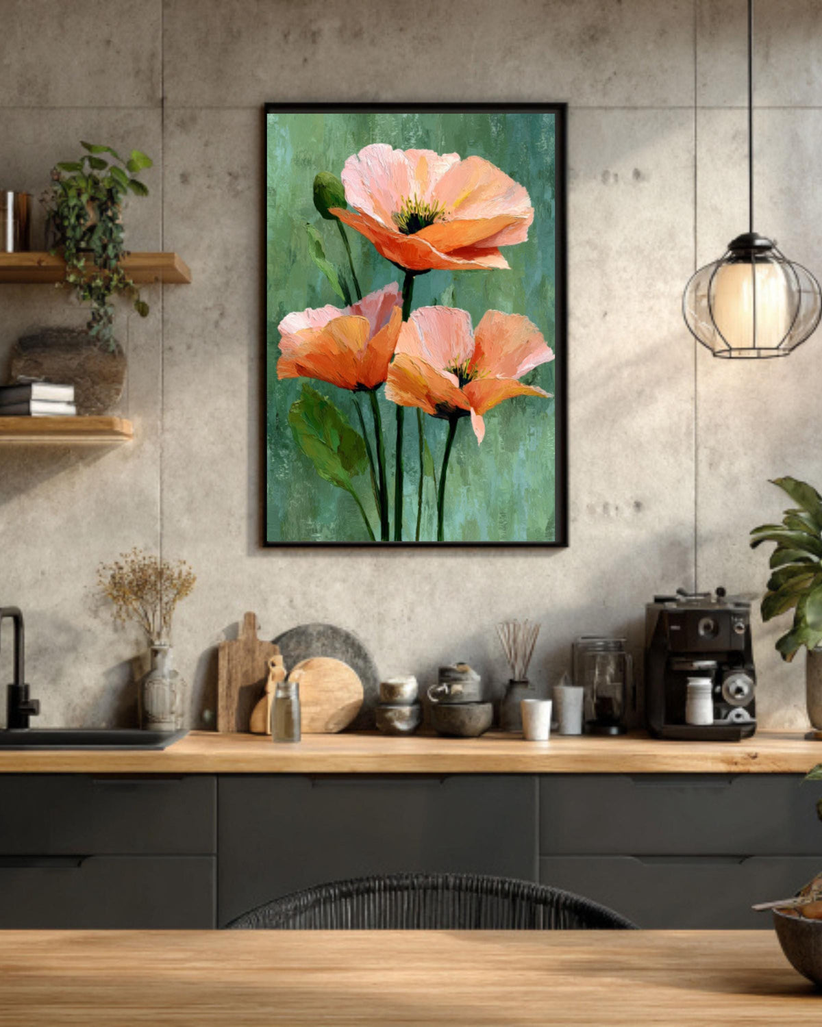 Blush Peony Trio Canvas Print: Minimalist Olive Green Floral Art