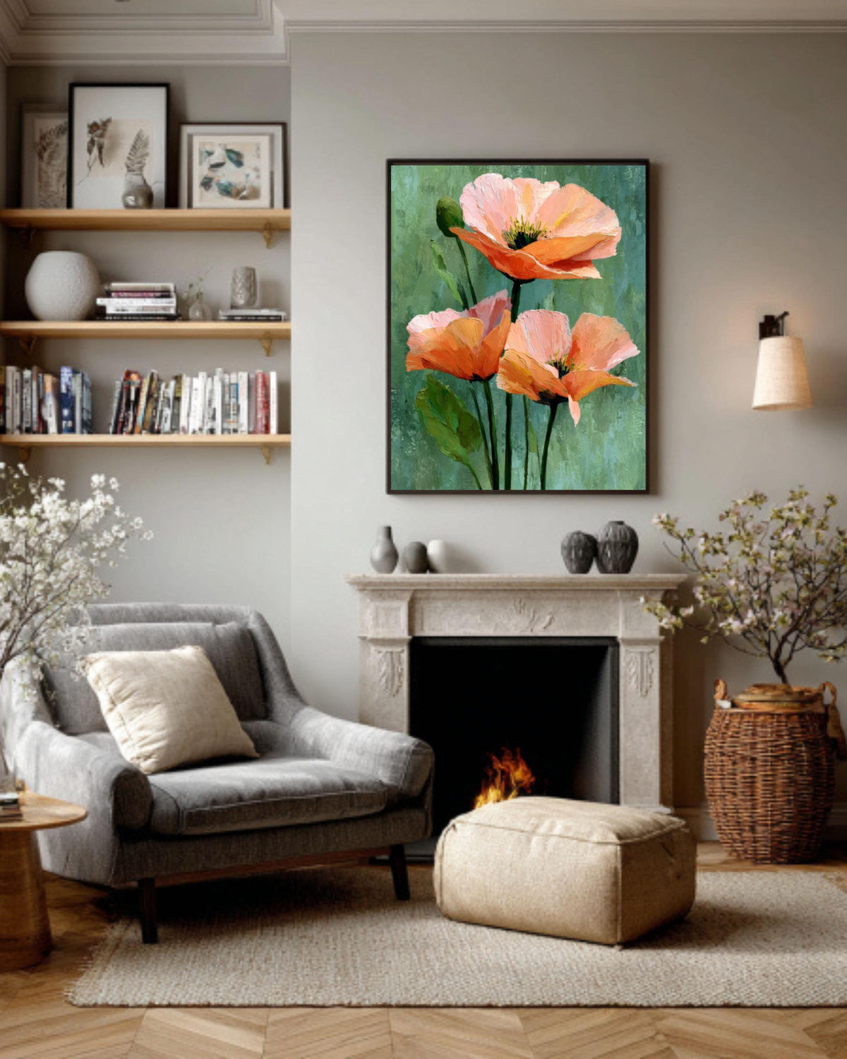Blush Peony Trio Canvas Print: Minimalist Olive Green Floral Art