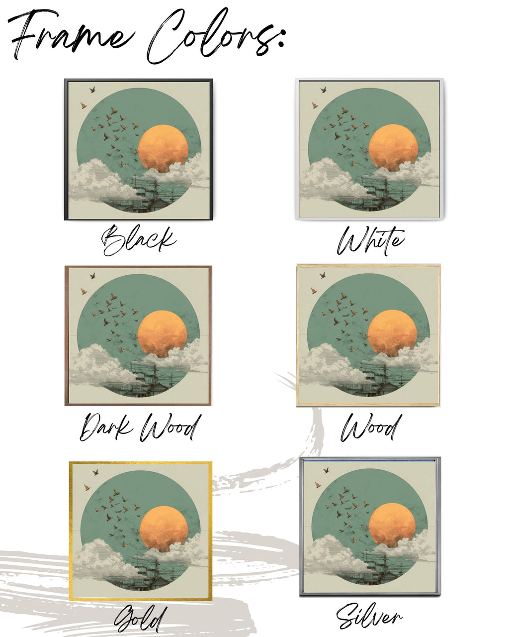 Japandi Canvas Wall Art: Sage Green Moon, Birds, Japanese Sun