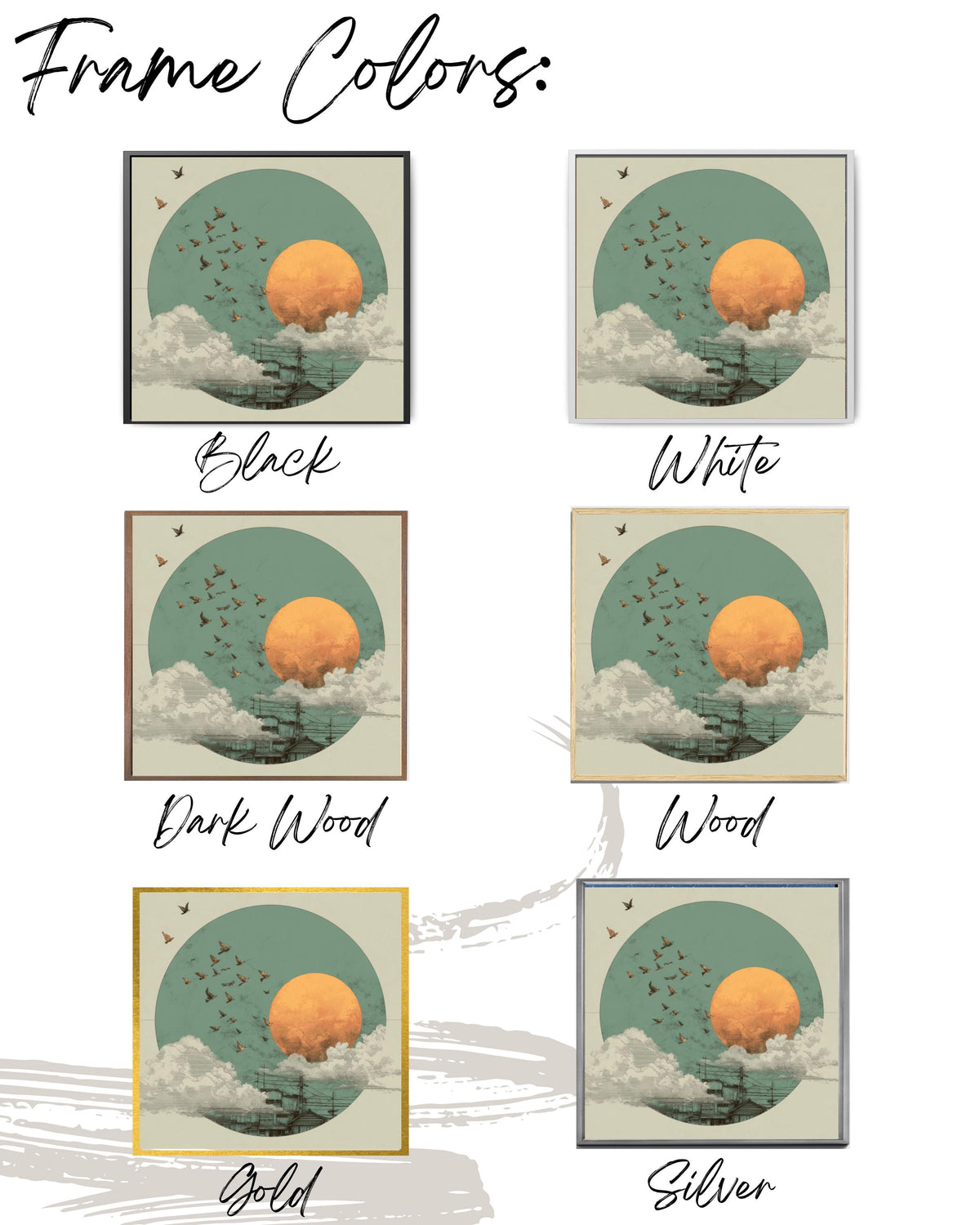 Japandi Canvas Wall Art: Sage Green Moon, Birds, Japanese Sun