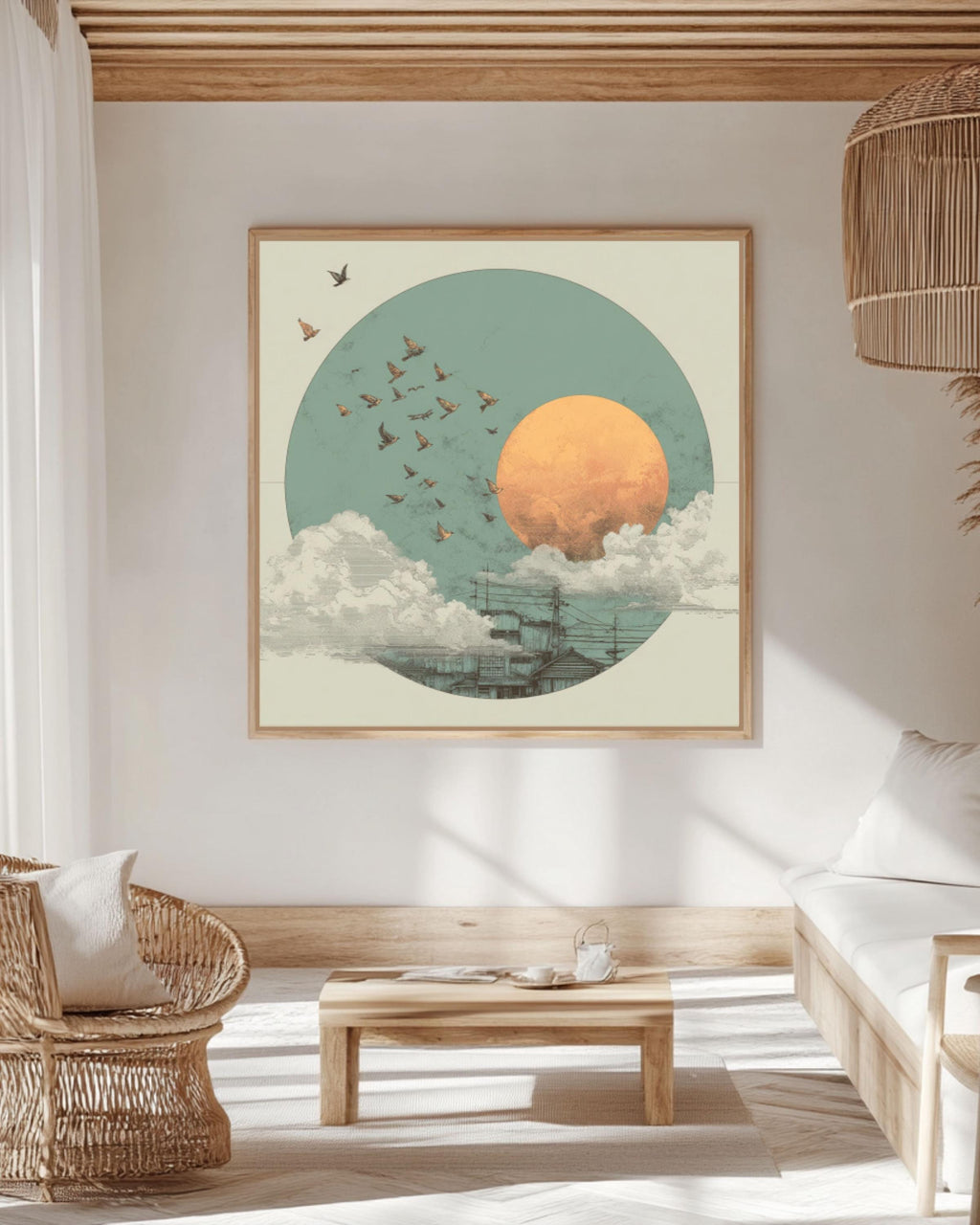 Japandi Canvas Wall Art: Sage Green Moon, Birds, Japanese Sun