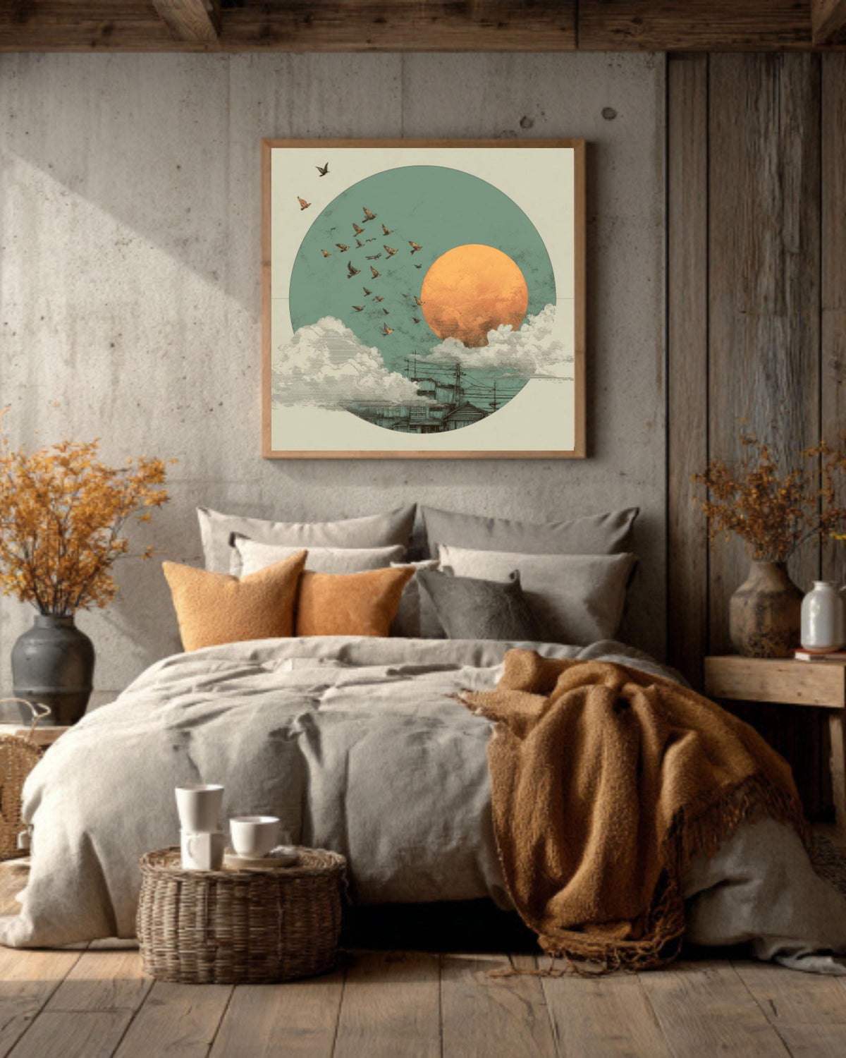 Japandi Canvas Wall Art: Sage Green Moon, Birds, Japanese Sun