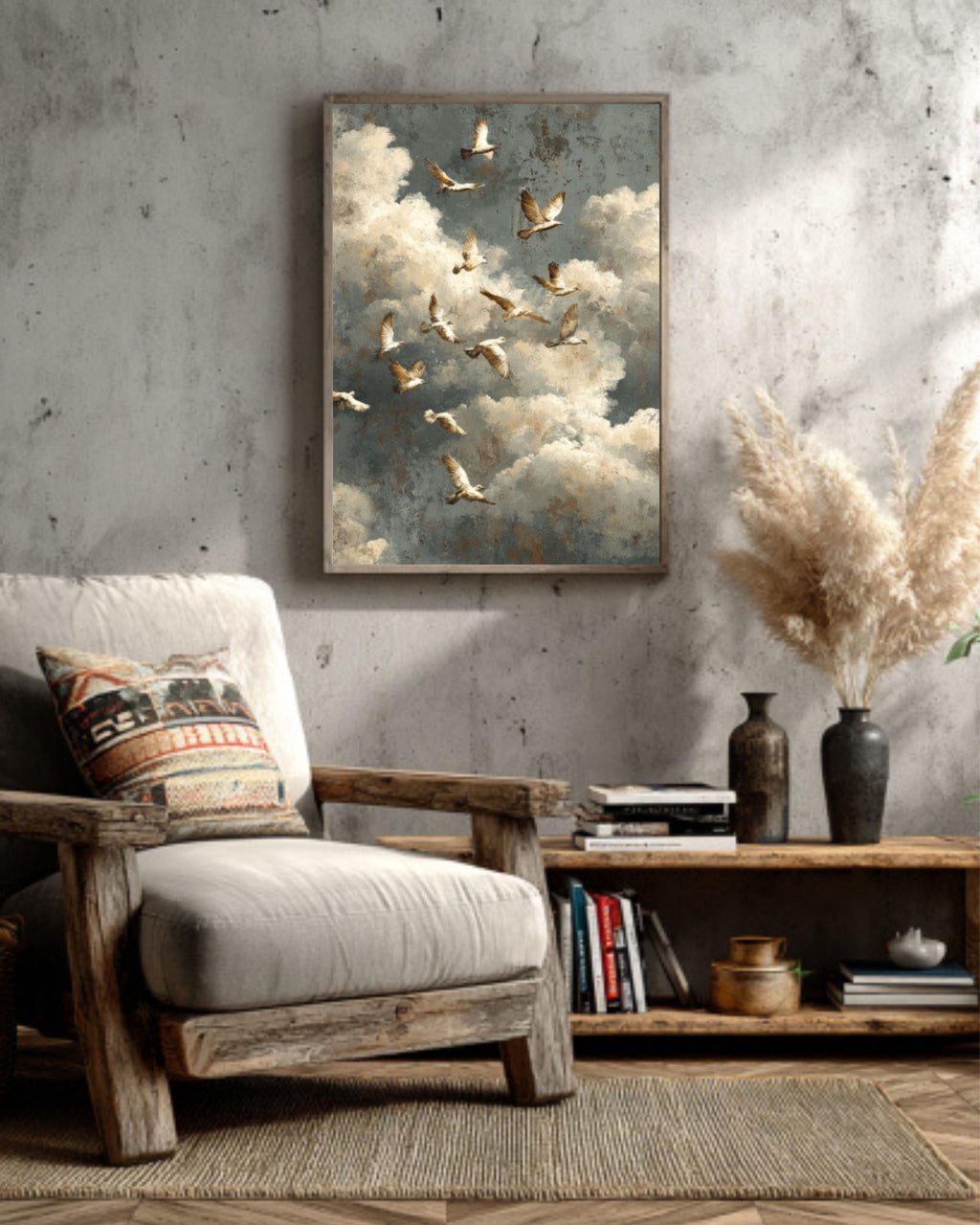 Framed Canvas Bird Art: Neutral Rustic Minimalist Wall Decor