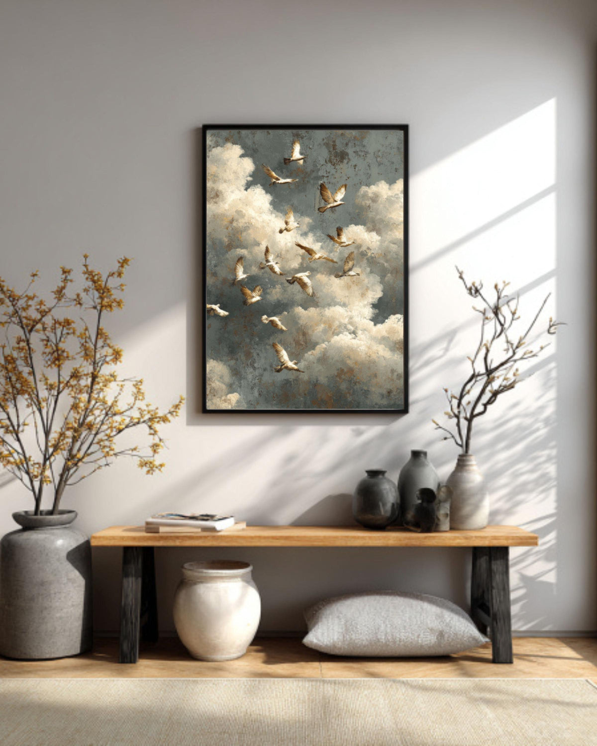 Framed Canvas Bird Art: Neutral Rustic Minimalist Wall Decor