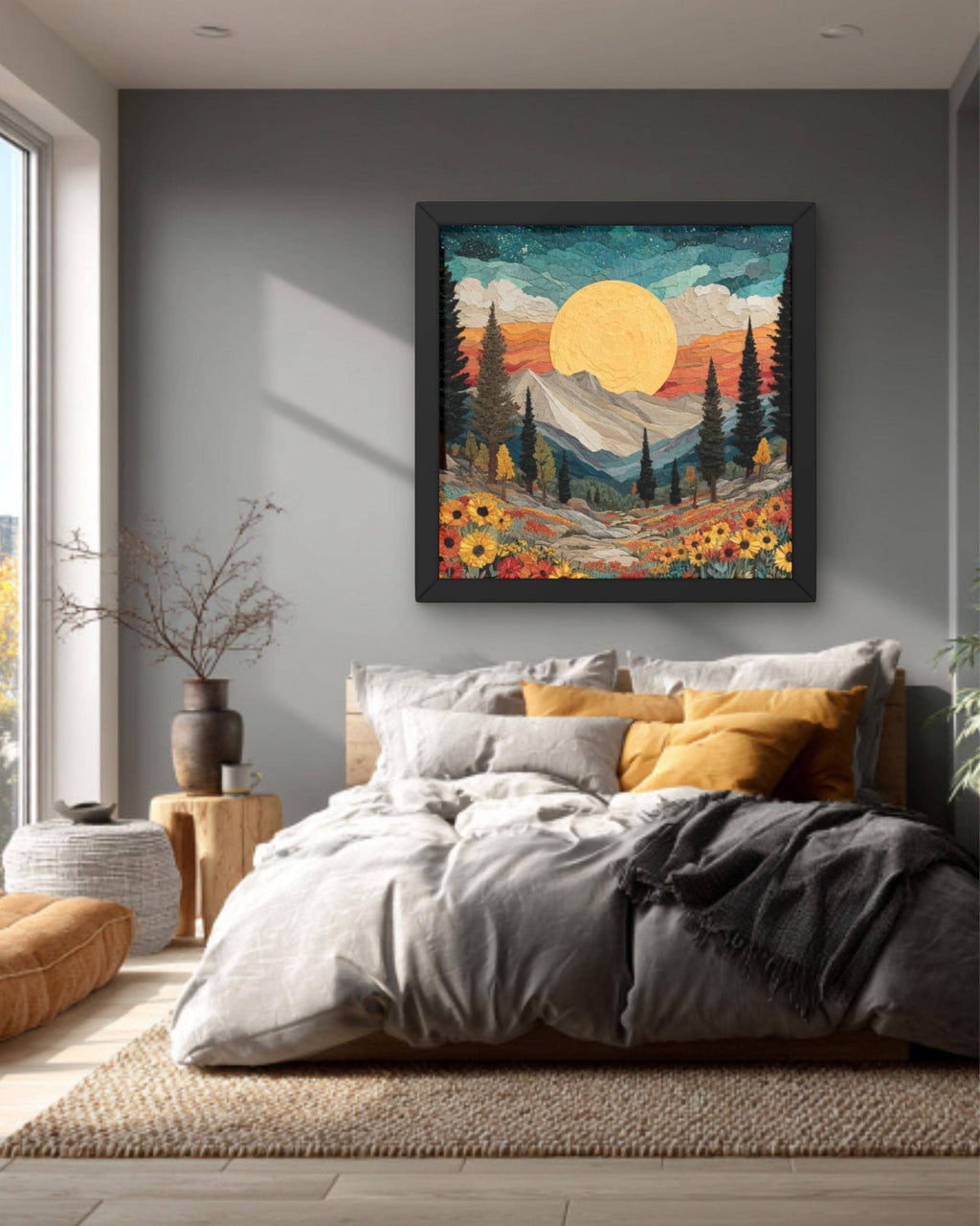 Southwestern Sun Canvas Print: Boho Mountain Floral Landscape
