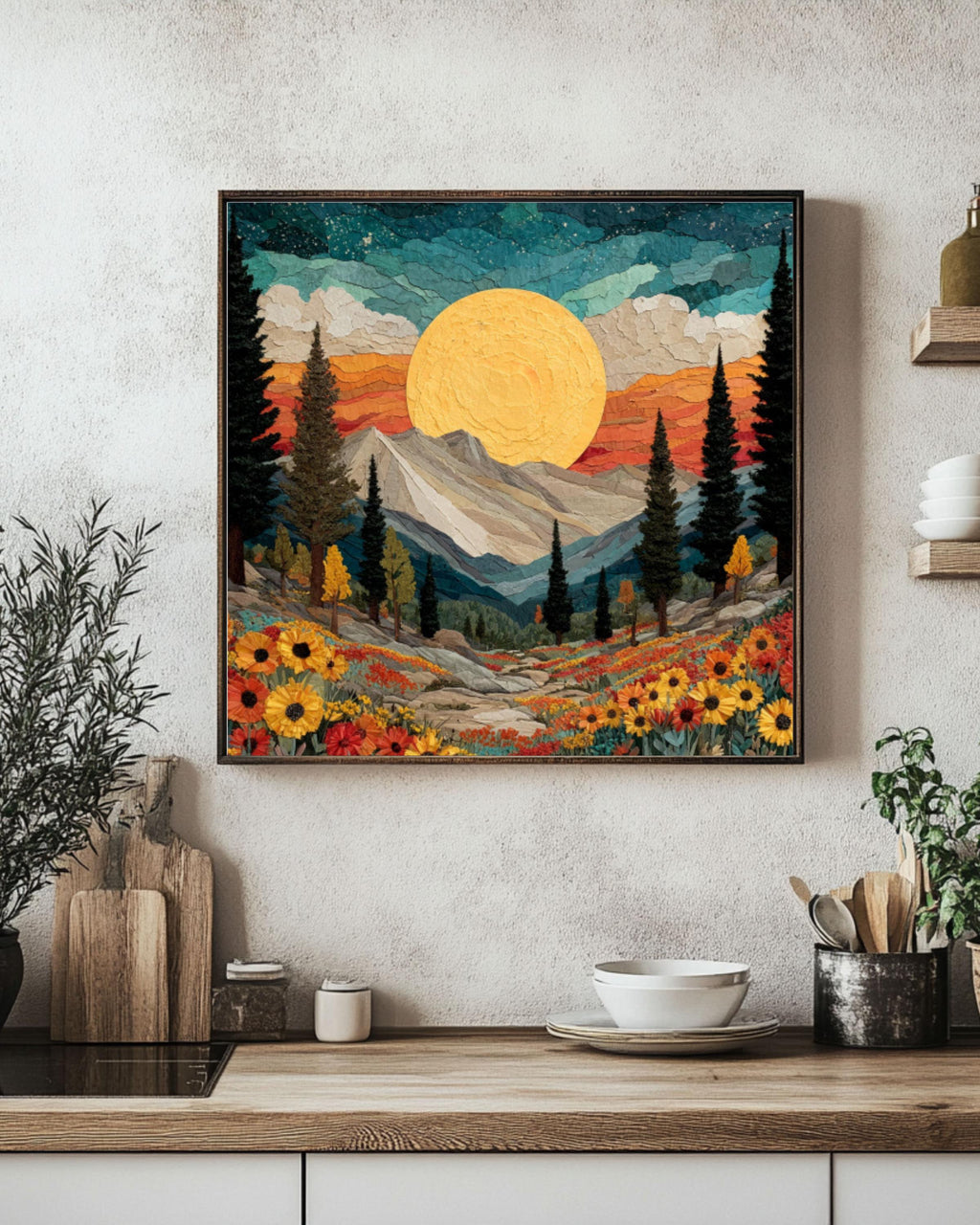 Southwestern Sun Canvas Print: Boho Mountain Floral Landscape