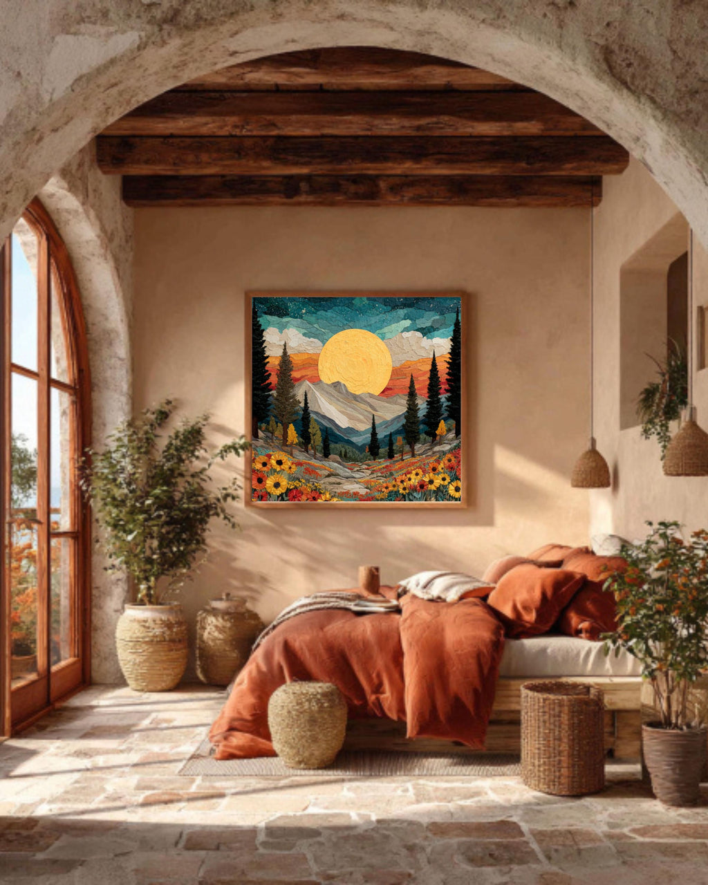 Southwestern Sun Canvas Print: Boho Mountain Floral Landscape