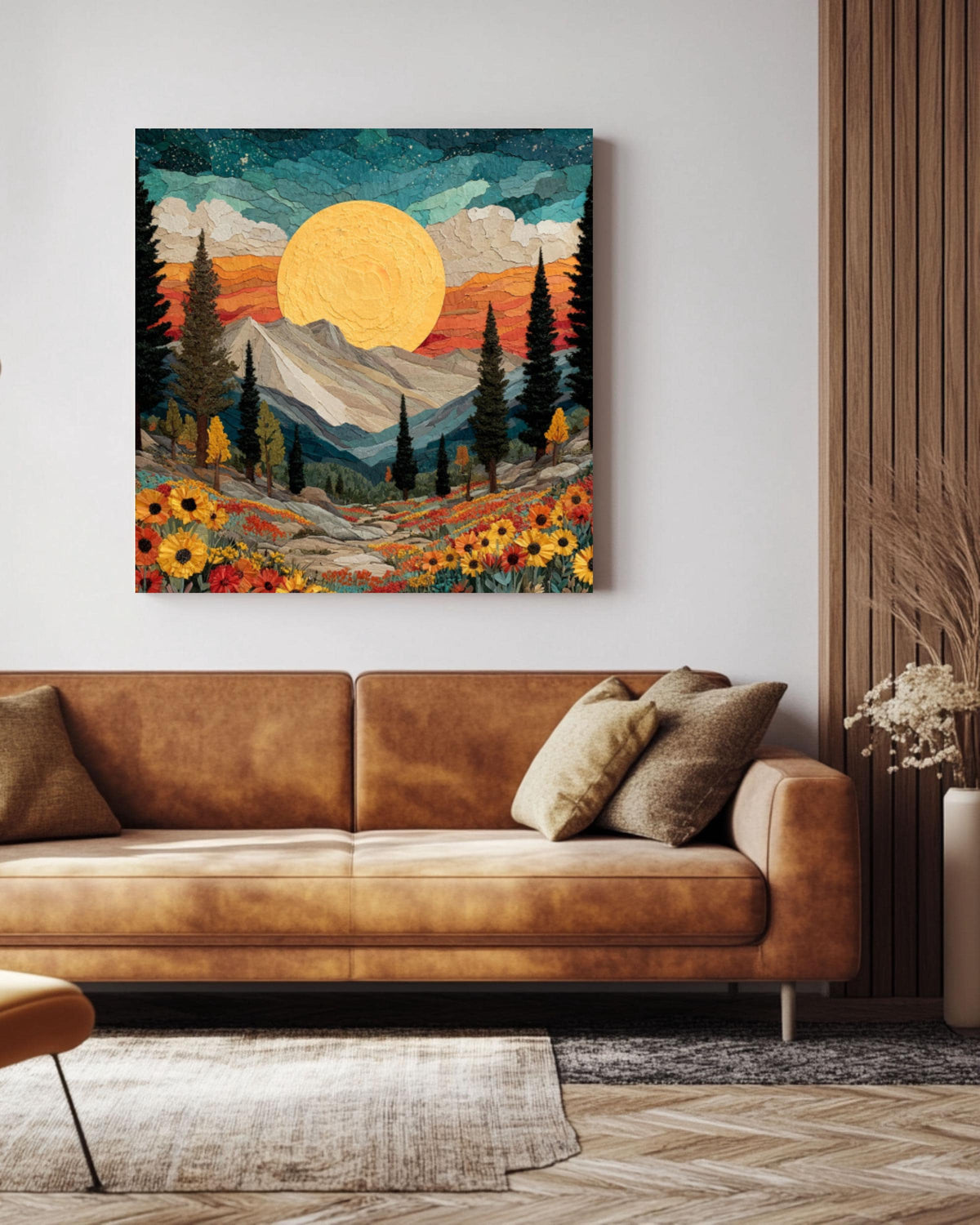 Southwestern Sun Canvas Print: Boho Mountain Floral Landscape