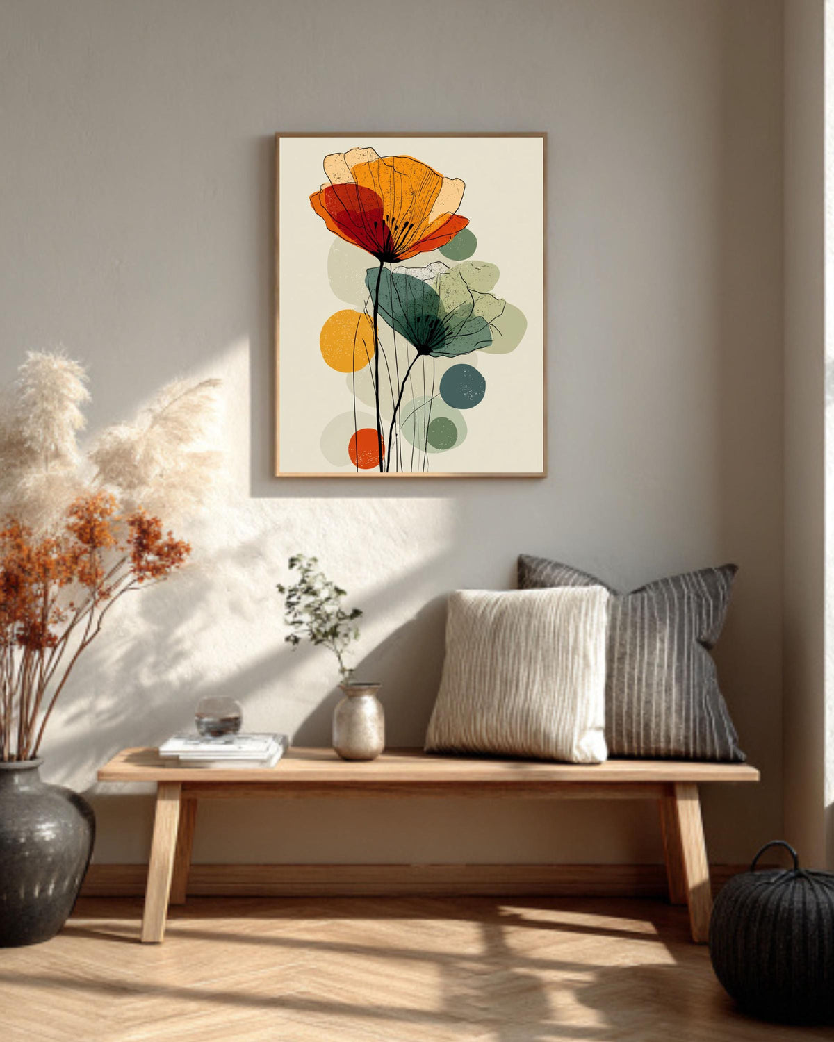 Mid Century Modern Poppy Canvas Print: Abstract Floral Wall Art