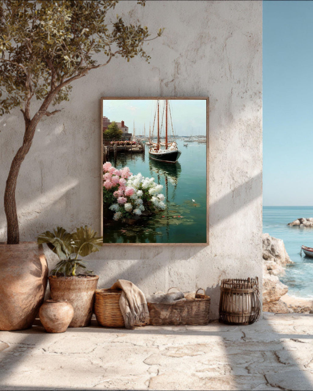 Sailboats and Hydrangeas Coastal Canvas Art: Nautical Beach House Decor