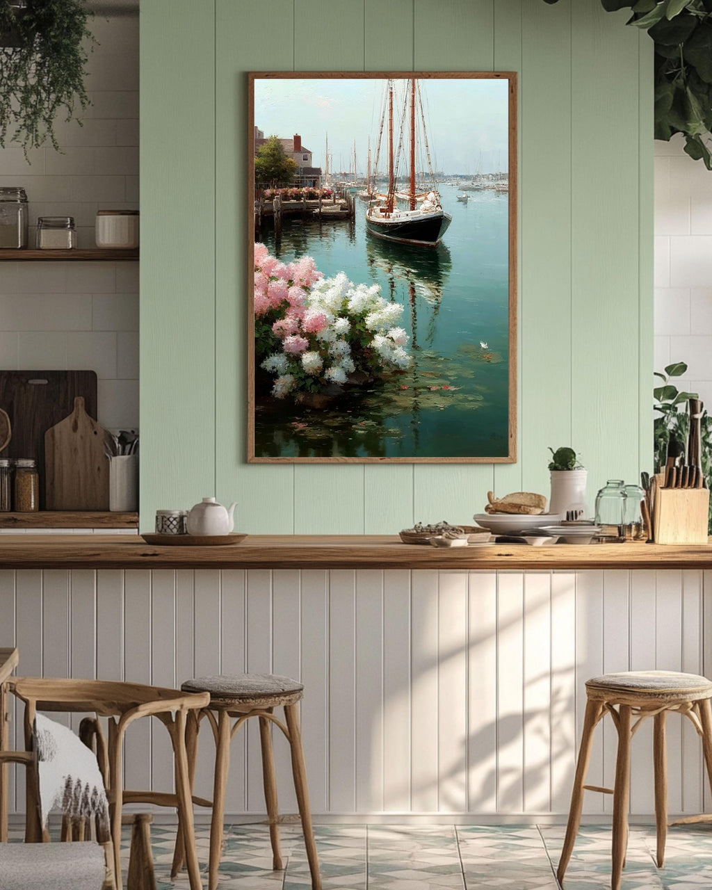 Sailboats and Hydrangeas Coastal Canvas Art: Nautical Beach House Decor