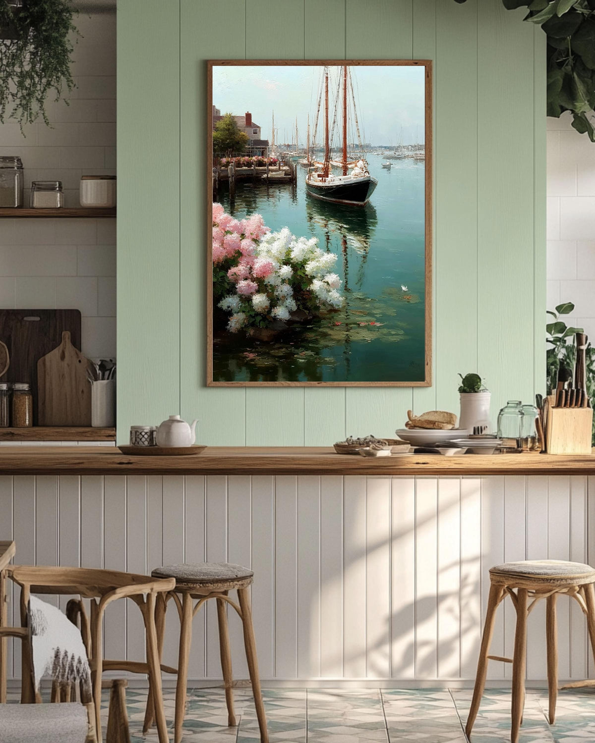 Sailboats and Hydrangeas Coastal Canvas Art: Nautical Beach House Decor