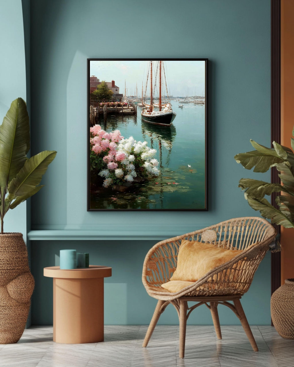 Sailboats and Hydrangeas Coastal Canvas Art: Nautical Beach House Decor