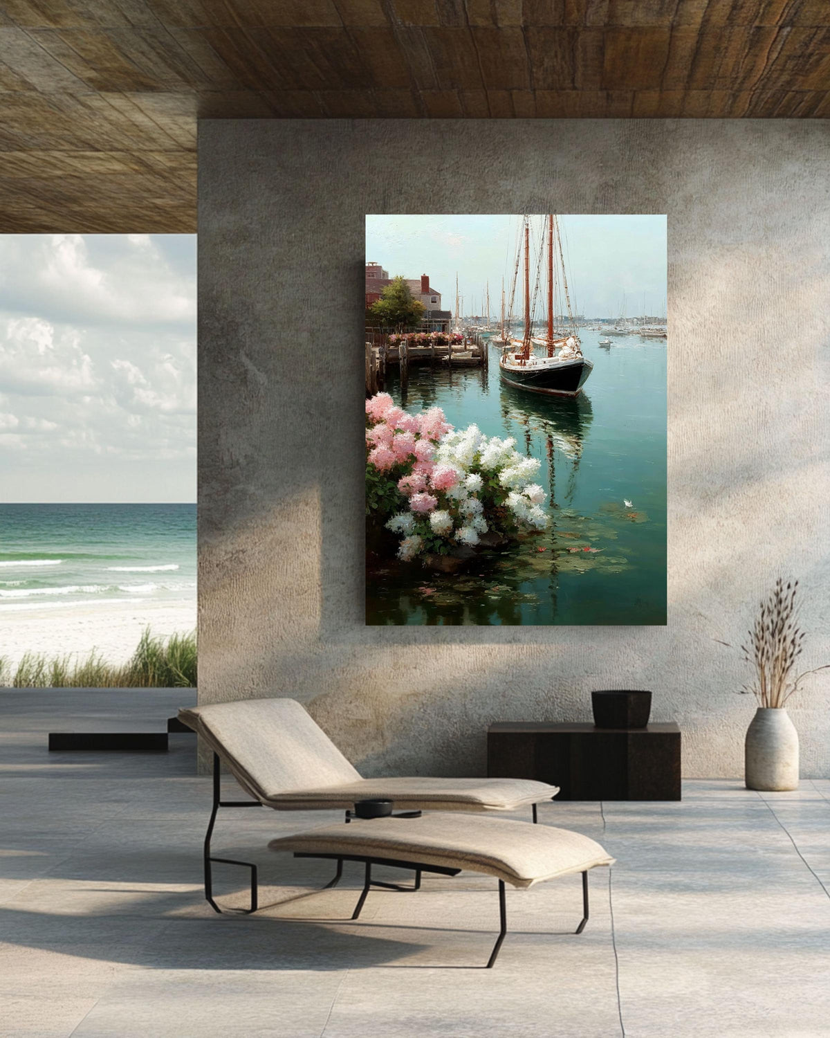 Sailboats and Hydrangeas Coastal Canvas Art: Nautical Beach House Decor