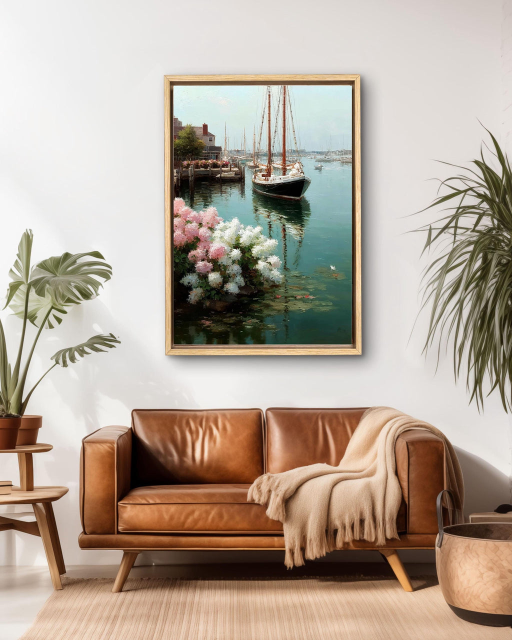 Sailboats and Hydrangeas Coastal Canvas Art: Nautical Beach House Decor