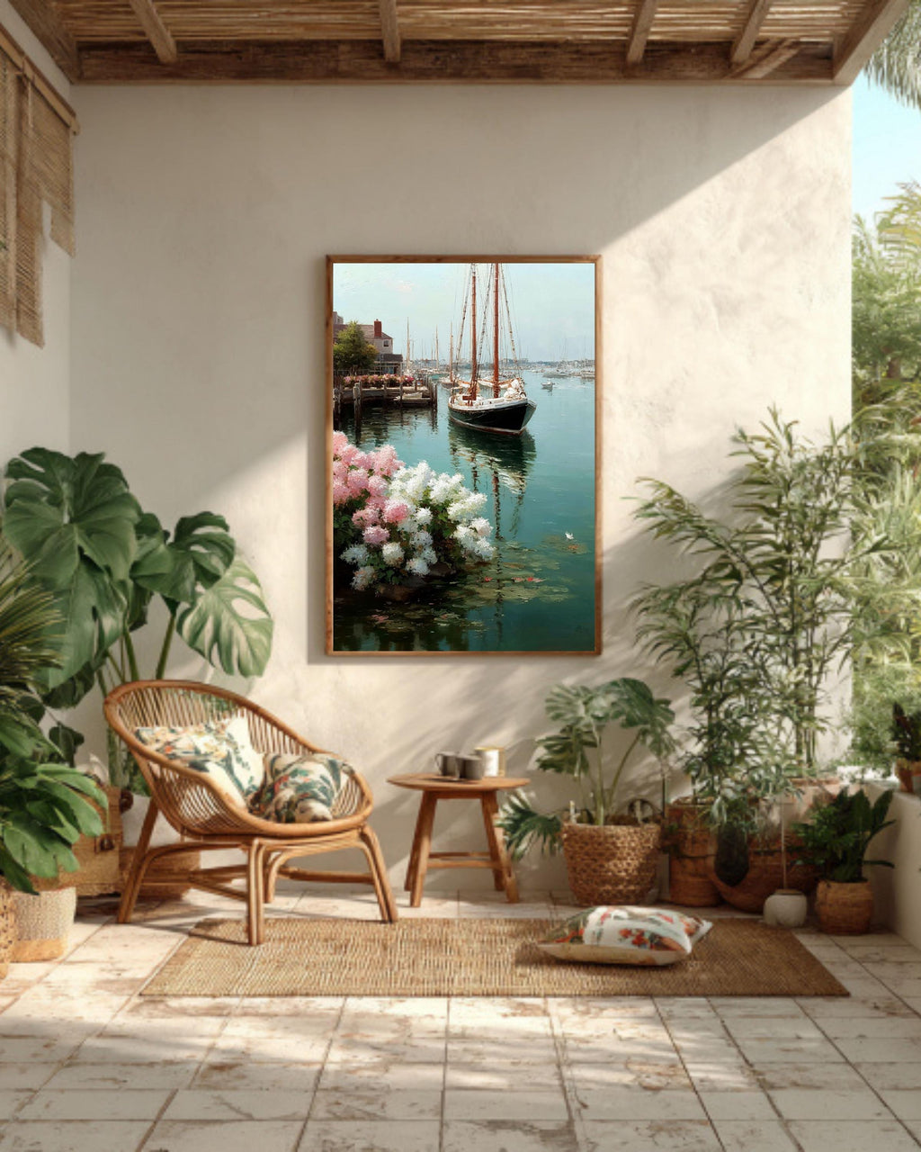 Sailboats and Hydrangeas Coastal Canvas Art: Nautical Beach House Decor