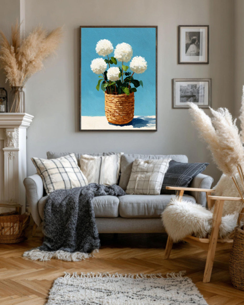 Hydrangea Basket Coastal Canvas Art: Rustic Floral Wall Decor