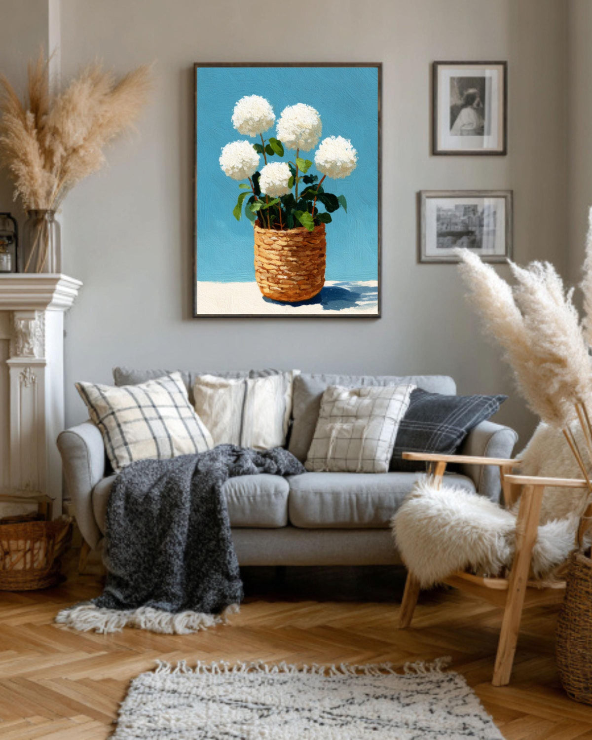 Hydrangea Basket Coastal Canvas Art: Rustic Floral Wall Decor