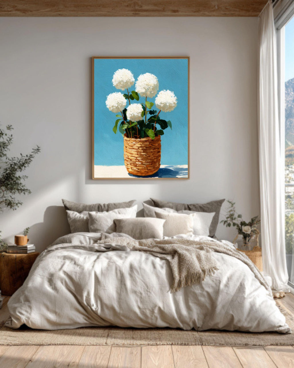 Hydrangea Basket Coastal Canvas Art: Rustic Floral Wall Decor