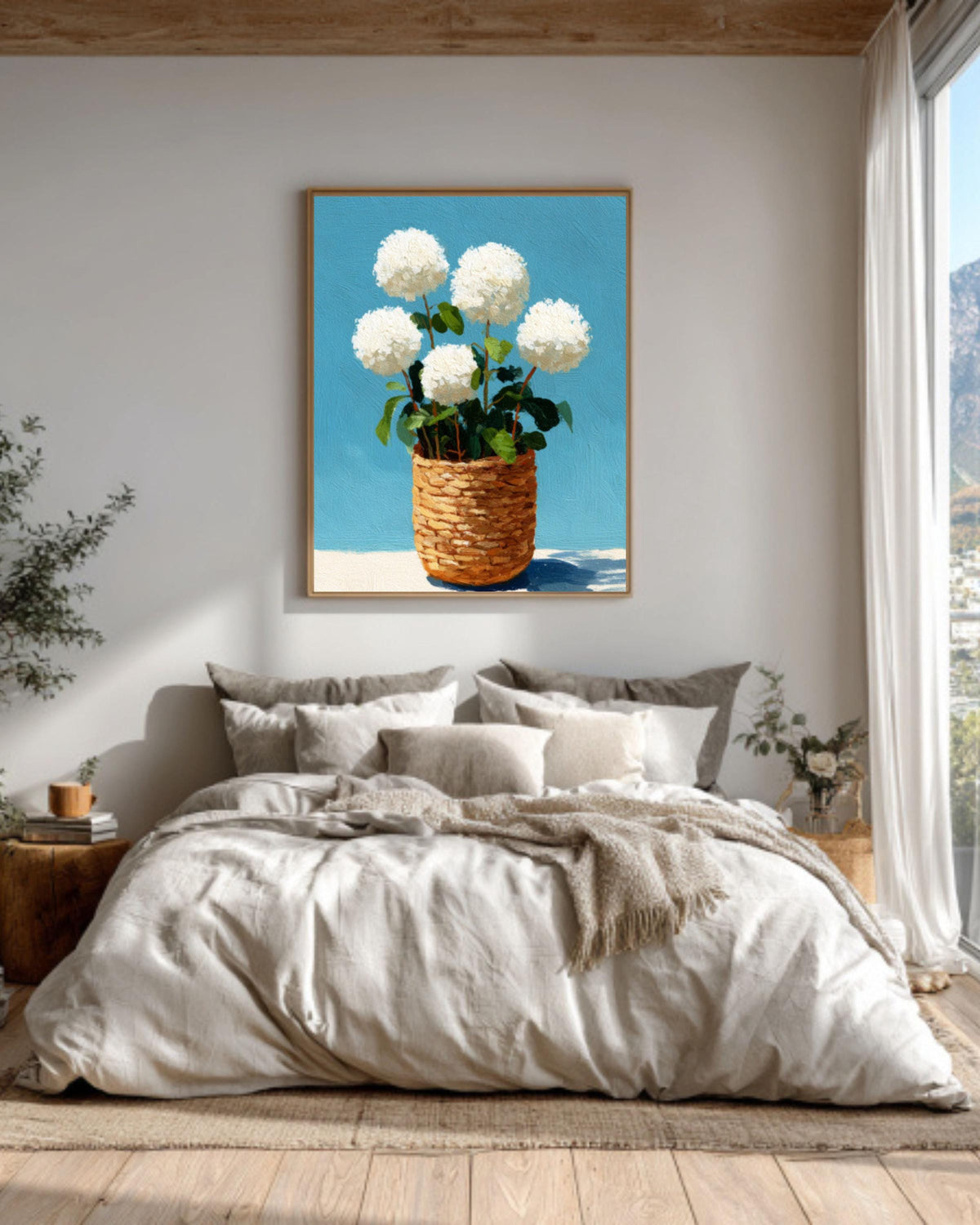 Hydrangea Basket Coastal Canvas Art: Rustic Floral Wall Decor