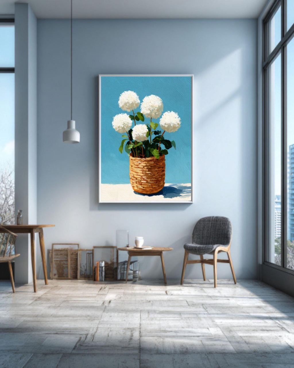 Hydrangea Basket Coastal Canvas Art: Rustic Floral Wall Decor