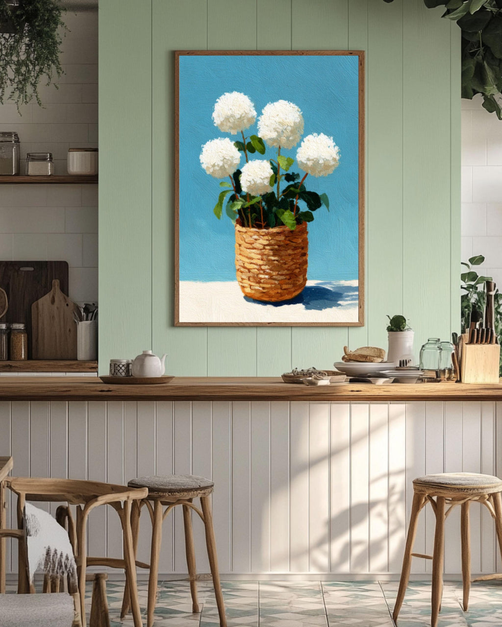 Hydrangea Basket Coastal Canvas Art: Rustic Floral Wall Decor