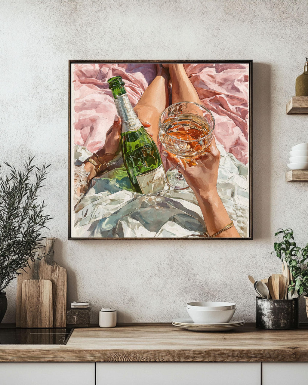 Pink Champagne Watercolor Print: Chic Bar Cart Decor