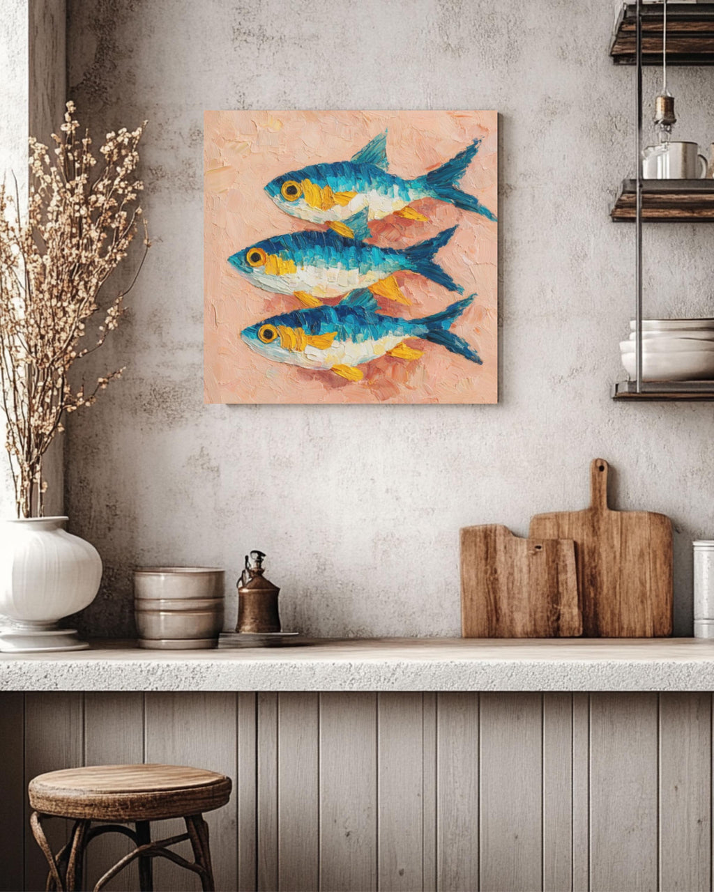 Sardine Oil Painting: Impasto Still Life, Rustic Kitchen Art