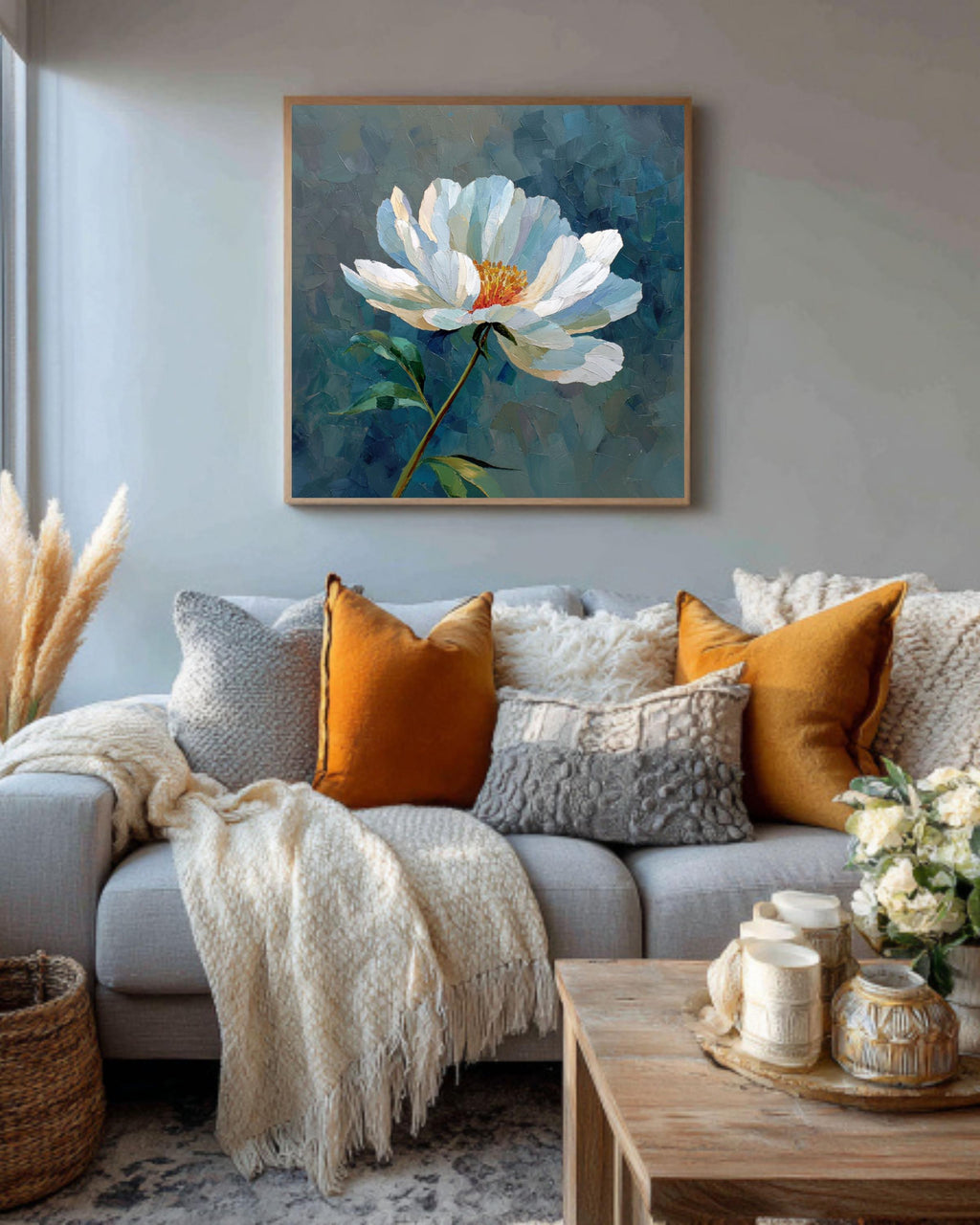 Textured White Flower Oil Painting: Botanical Impasto Canvas Art