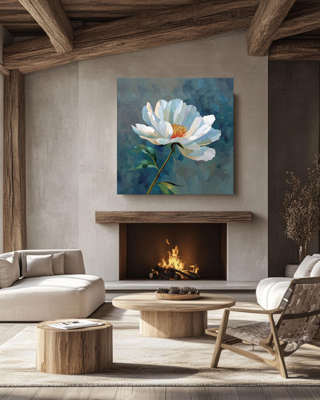 Textured White Flower Oil Painting: Botanical Impasto Canvas Art