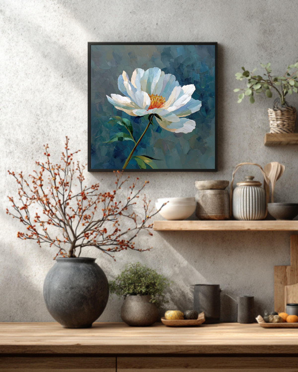 Textured White Flower Oil Painting: Botanical Impasto Canvas Art