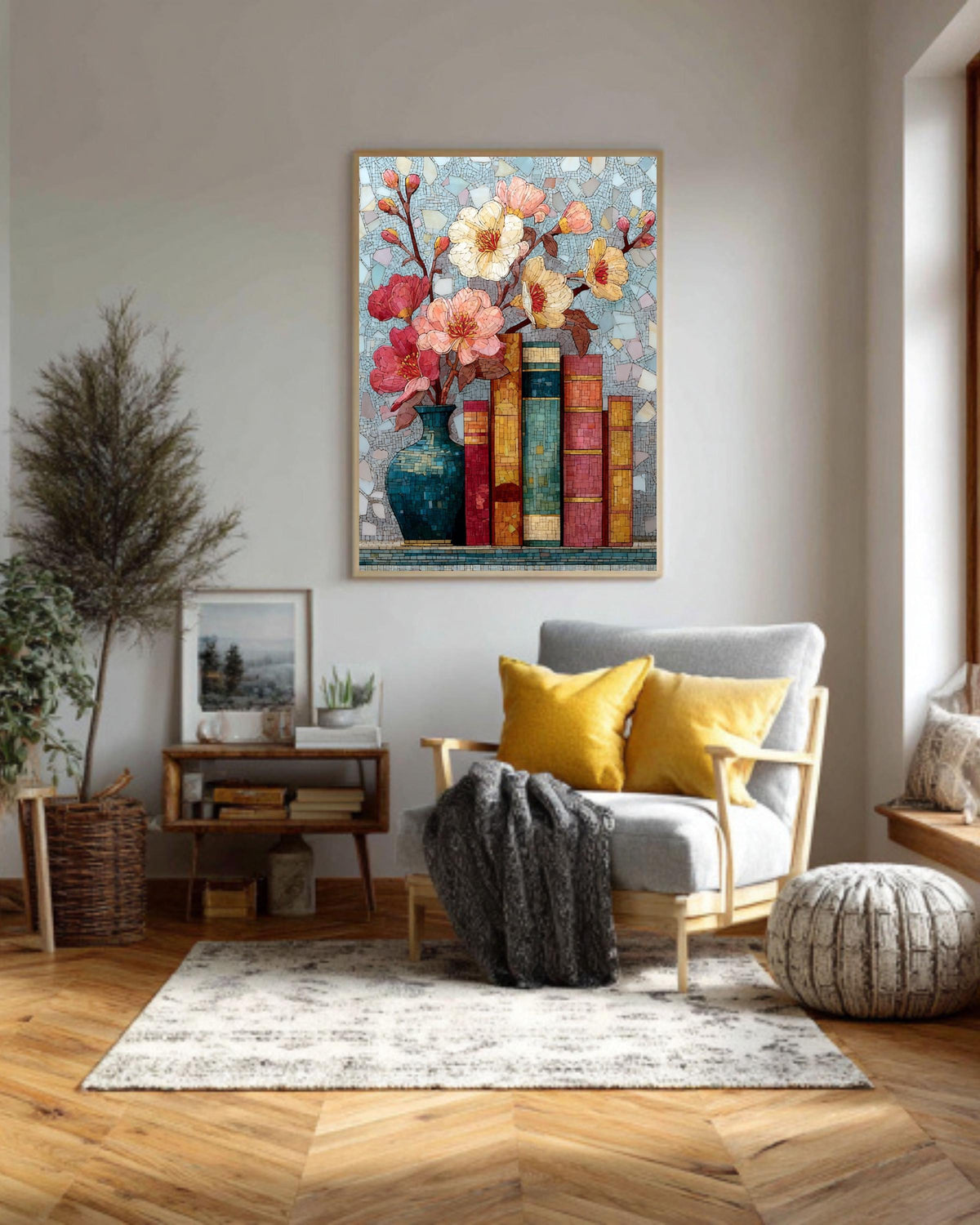 Stained Glass Wildflower Book Canvas Art: Light Academia Floral Decor