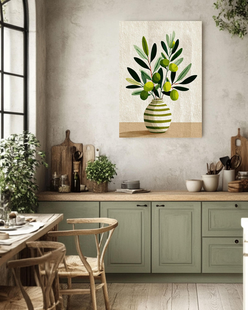 Scandinavian Olive Flower Canvas: Minimalist Nordic Botanical Art Print