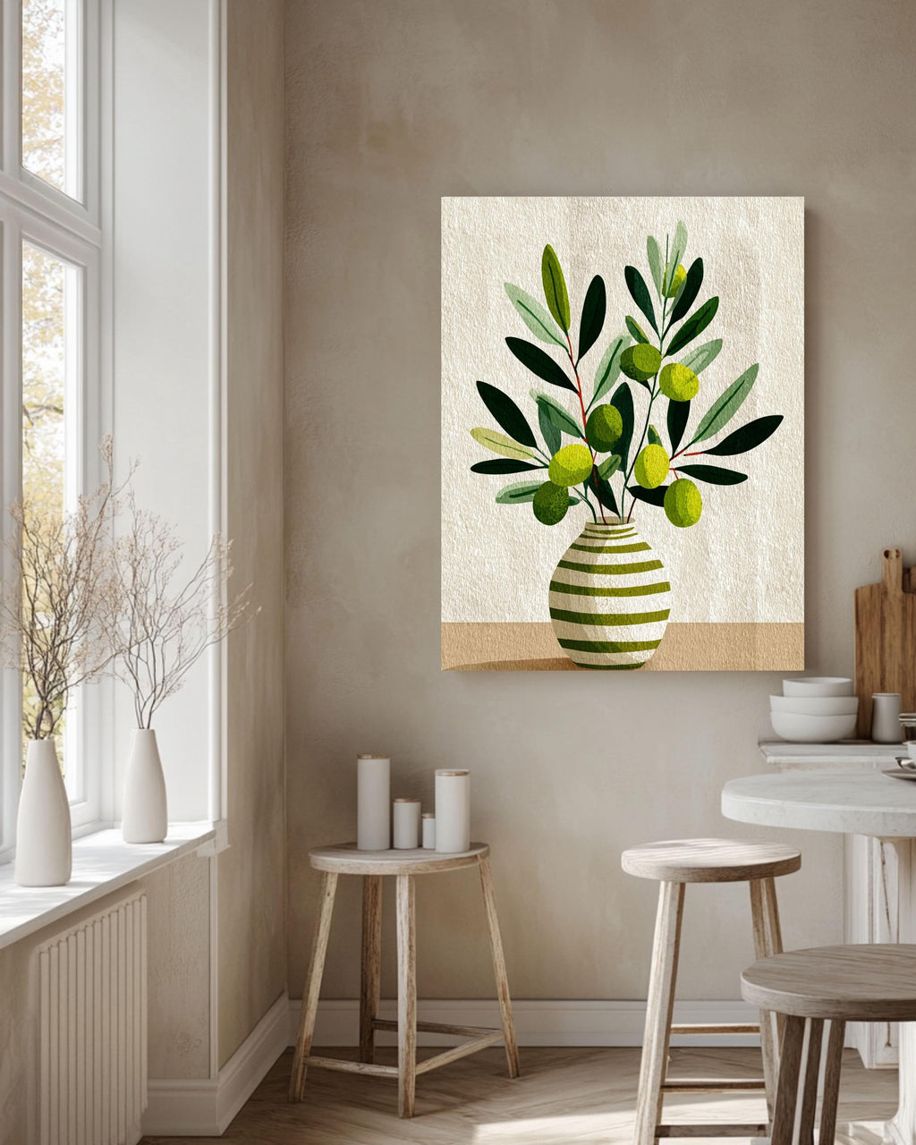 Scandinavian Olive Flower Canvas: Minimalist Nordic Botanical Art Print