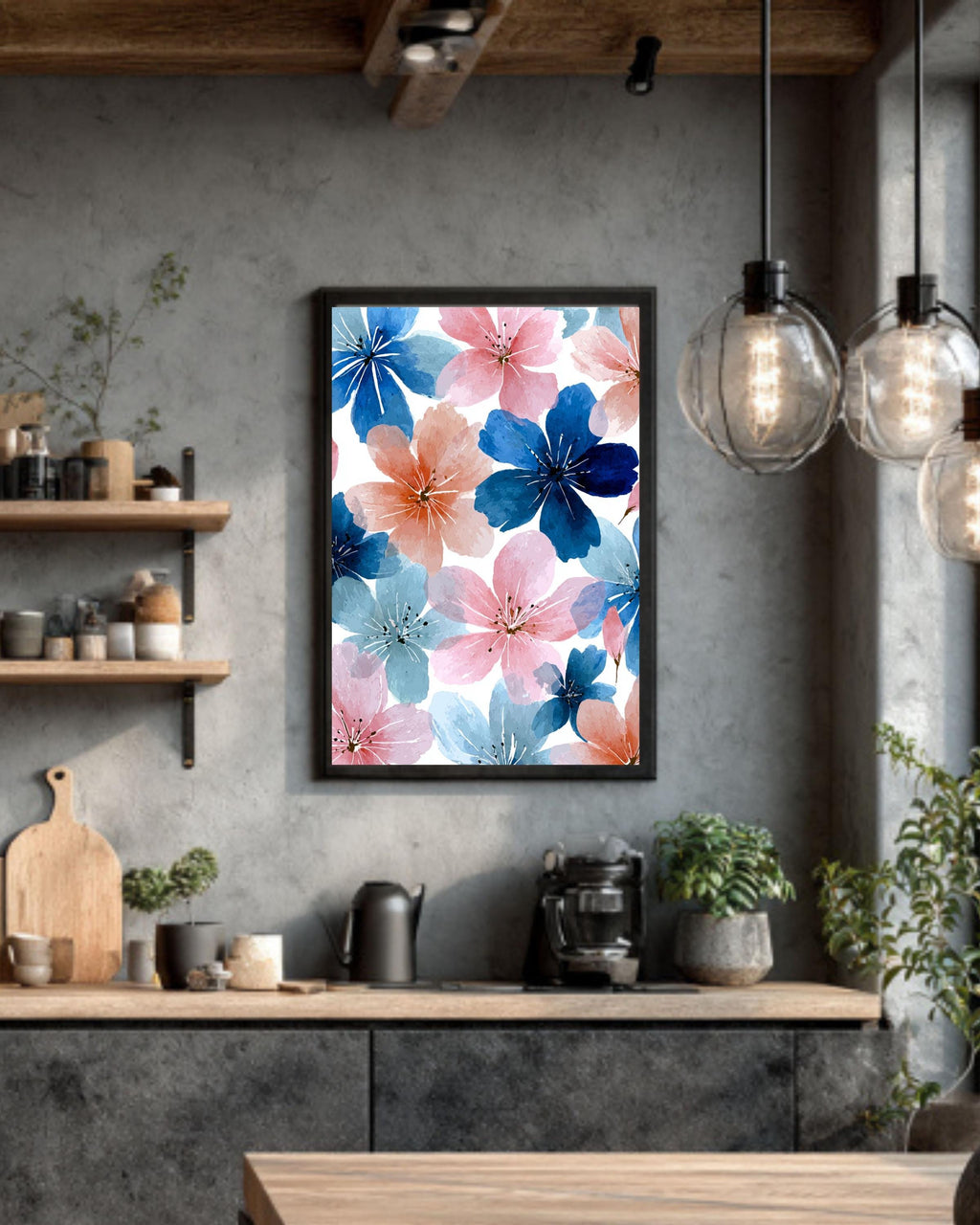 Pink and Blue Floral Canvas: Watercolor Flower Wall Art
