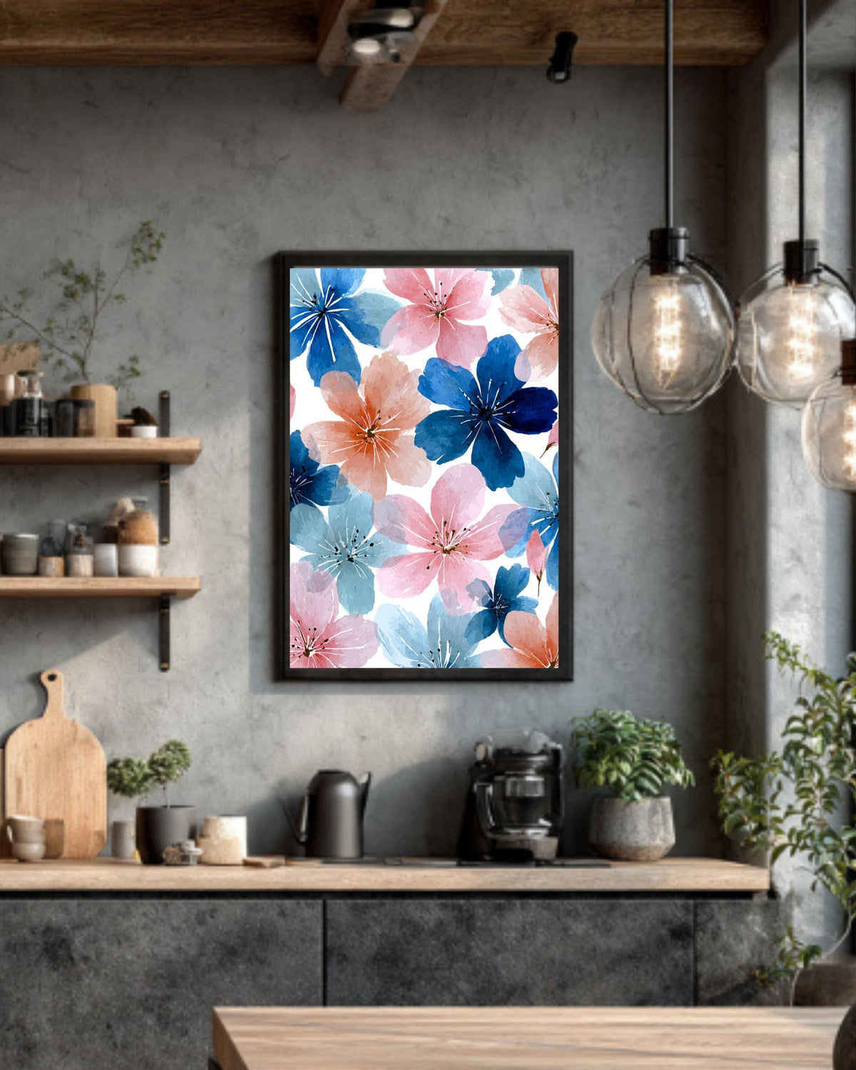 Pink and Blue Floral Canvas: Watercolor Flower Wall Art