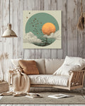 Japandi Canvas Wall Art: Sage Green Moon, Birds, Japanese Sun